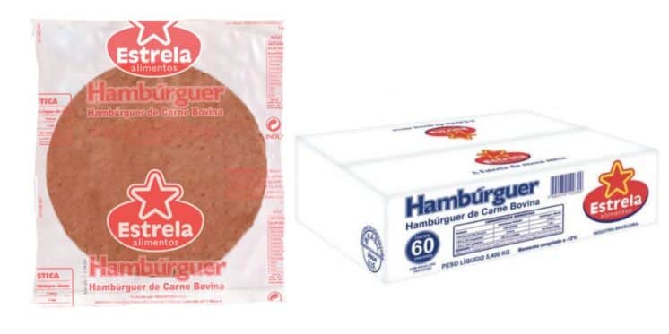 Hambúrguer Congelado de Carne Bovina, da marca Estrela Alimentos (Foto Reprodução/ Internet/MegaG Alimentos) Hambúrguer Congelado de Carne Bovina, da marca Estrela Alimentos (Foto Reprodução/ Internet/MegaG Alimentos)
