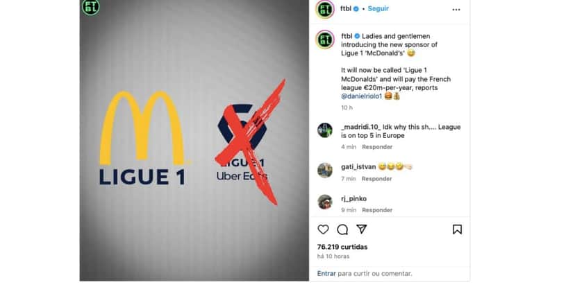 Anúncio Ligue 1 (Foto: Reprodução / Instagram) Anúncio Ligue 1 (Foto: Reprodução / Instagram)