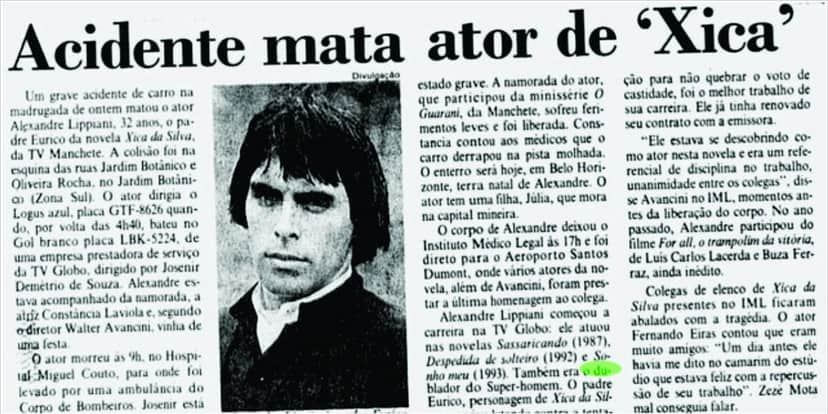 Notícia informando o acidente que matou Alexandre Lippiani (Foto Reprodução/Acervo) Notícia informando o acidente que matou Alexandre Lippiani (Foto Reprodução/Acervo)