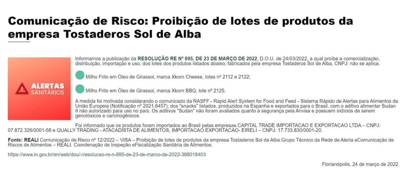 Comunicado da Anvisa contra lote de produto da marca Tostaderos Sol de Alba (Foto Reprodução/VISA) Comunicado da Anvisa contra lote de produto da marca Tostaderos Sol de Alba (Foto Reprodução/VISA)