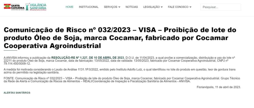 Comunicado da Anvisa contra lote de produto da marca de óleo Cocamar (Foto Reprodução/VISA) Comunicado da Anvisa contra lote de produto da marca de óleo Cocamar (Foto Reprodução/VISA)