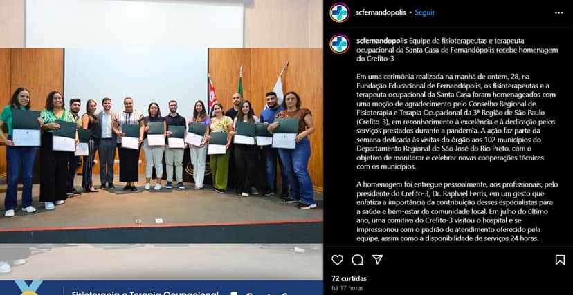 Publicação nas redes sociais oficiais da Santa Casa de Fernandópolis (Foto Reprodução/Instagram) Publicação nas redes sociais oficiais da Santa Casa de Fernandópolis (Foto Reprodução/Instagram)