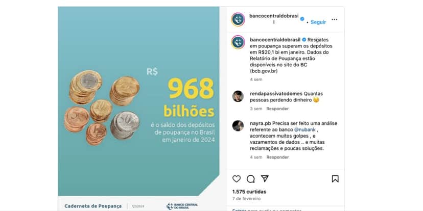 Resgates em poupanças em janeiro (Foto: Reprodução / Instagram) Resgates em poupanças em janeiro (Foto: Reprodução / Instagram)