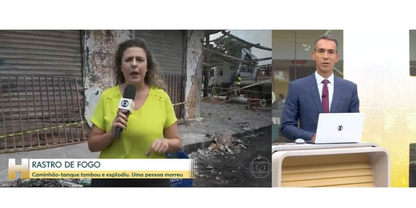Tralli relata detalhes de tragédia e luto no Jornal Hoje após caminhão tanque tombar em BH (Foto: Globo) Tralli relata detalhes de tragédia e luto no Jornal Hoje após caminhão tanque tombar em BH (Foto: Globo)