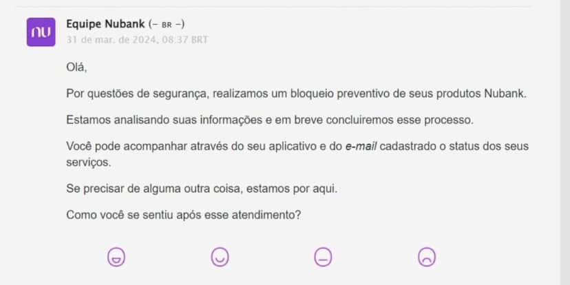 Email de bloquio de conta da Nubank (Reprodução/TV Foco) Email de bloquio de conta da Nubank (Reprodução/TV Foco)