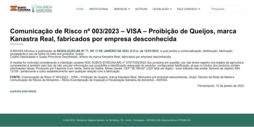 Nota da Anvisa (Reprodução/vigilância sanitária de Santa Catarina)