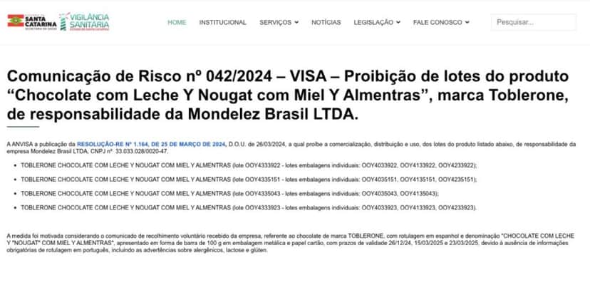 Comunicado Anvisa sobre lotes do Toblerone (Foto: Reprodução / site oficial) Comunicado Anvisa sobre lotes do Toblerone (Foto: Reprodução / site oficial)