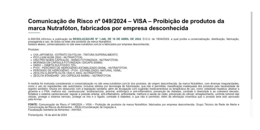 Comunicado da Anvisa sobre a marca Nutrafóton (Foto: Reprodução / Site Vigilância Sanitária) Comunicado da Anvisa sobre a marca Nutrafóton (Foto: Reprodução / Site Vigilância Sanitária)