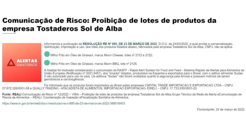 Comunicado de risco da Anvisa (Foto: Reprodução/ Internet) Comunicado de risco da Anvisa (Foto: Reprodução/ Internet)