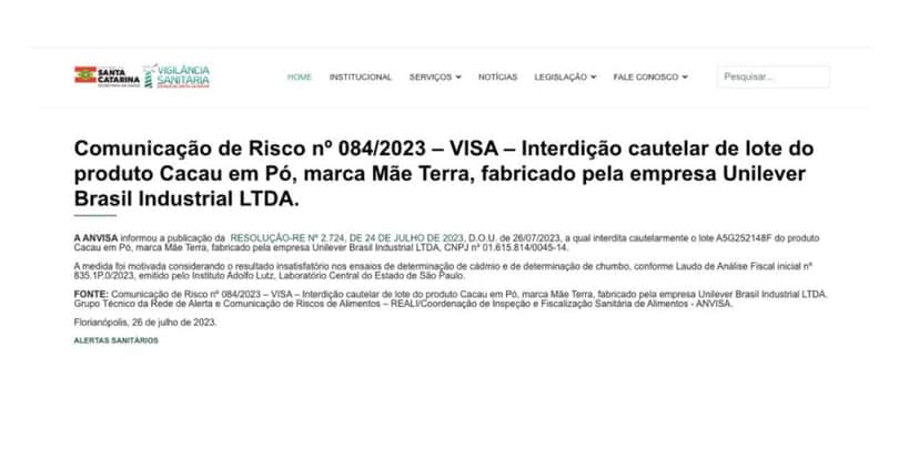 Nota Anvisa da marca Mãe Terra (Foto: Reprodução / Site Vigilância Sanitária) Nota Anvisa da marca Mãe Terra (Foto: Reprodução / Site Vigilância Sanitária)