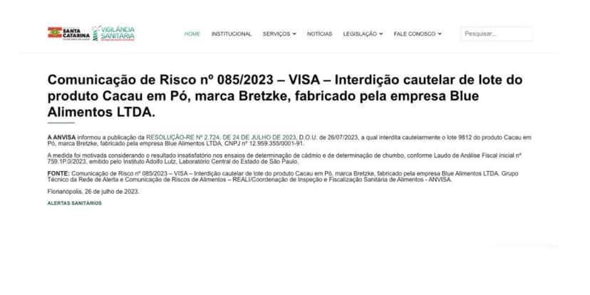 Nota Anvisa da marca Bretzke (Foto: Reprodução / Site Vigilância Sanitária) Nota Anvisa da marca Bretzke (Foto: Reprodução / Site Vigilância Sanitária)