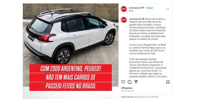 Notícia sobre a Peugeot (Foto: Reprodução / Instagram) Notícia sobre a Peugeot (Foto: Reprodução / Instagram)