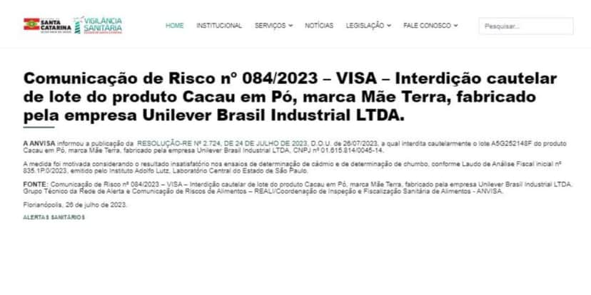 Proibição da ANVISA contra o Cacau da marca Mãe Terra (Foto Reprodução/Vigilância Sanitária) Proibição da ANVISA contra o Cacau da marca Mãe Terra (Foto Reprodução/Vigilância Sanitária)