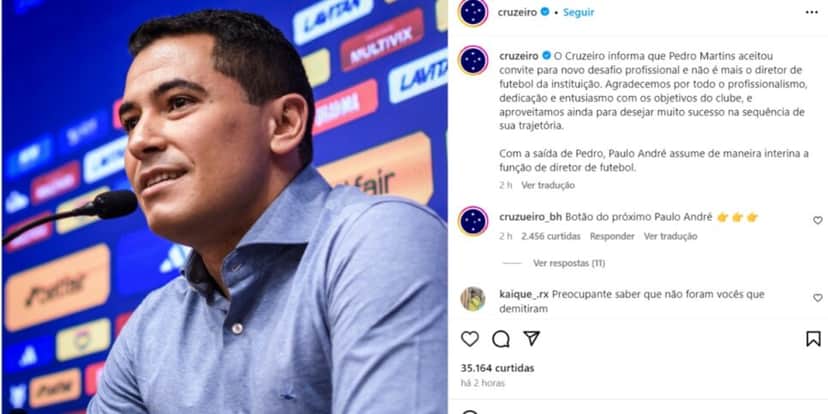 Pedro Martins deixa o Cruzeiro - (Foto: Reprodução / Instagram) Pedro Martins deixa o Cruzeiro - (Foto: Reprodução / Instagram)