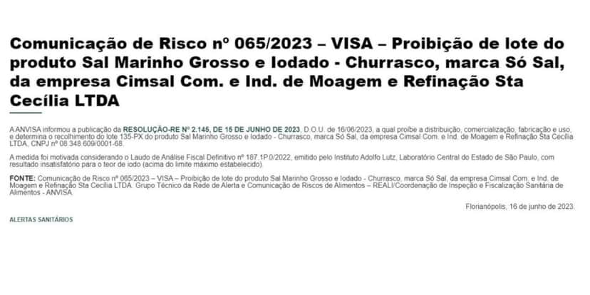 Proibição da ANVISA contra marca Cimsal (Foto Reprodução/Vigilância Sanitária) Proibição da ANVISA contra marca Cimsal (Foto Reprodução/Vigilância Sanitária)
