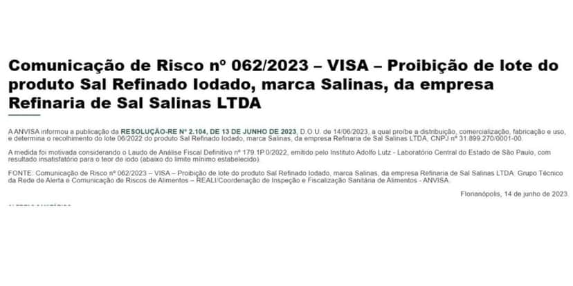 Proibição da ANVISA contra marca Salinas (Foto Reprodução/Vigilância Sanitária) Proibição da ANVISA contra marca Salinas (Foto Reprodução/Vigilância Sanitária)
