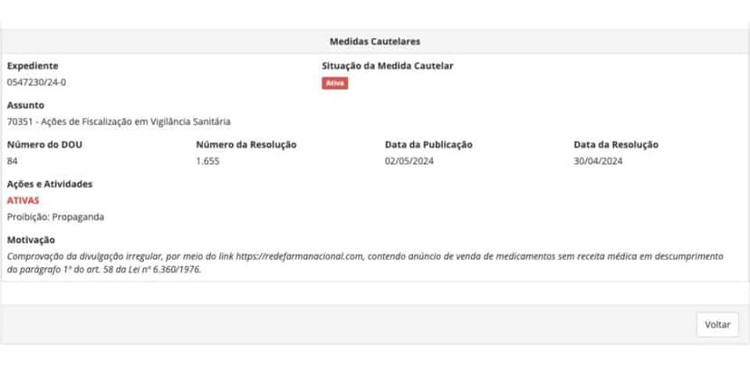 Publicação da Anvisa (Reprodução/Gov) Publicação da Anvisa (Reprodução/Gov)