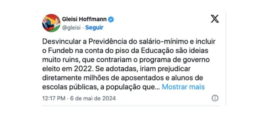 Publicação de Gleisi Hoffmann (Foto: Reprodução / X) Publicação de Gleisi Hoffmann (Foto: Reprodução / X)