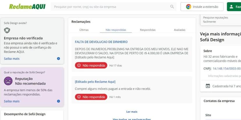 Algumas reclamações recentes contra o Sofá Design (Foto Reprodução/Reclame AQUI) Algumas reclamações recentes contra o Sofá Design (Foto Reprodução/Reclame AQUI)