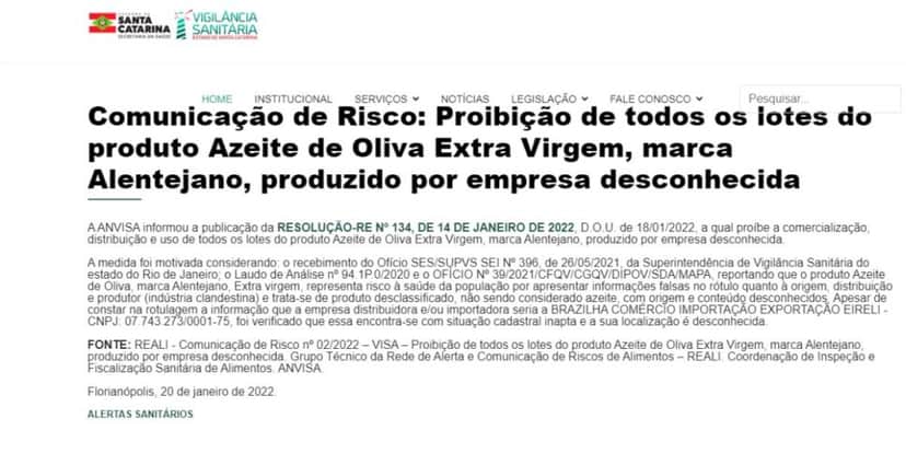 Empresa desconhecida falsificou o azeite Alentejano (Reprodução: Internet) Empresa desconhecida falsificou o azeite Alentejano (Reprodução: Internet)