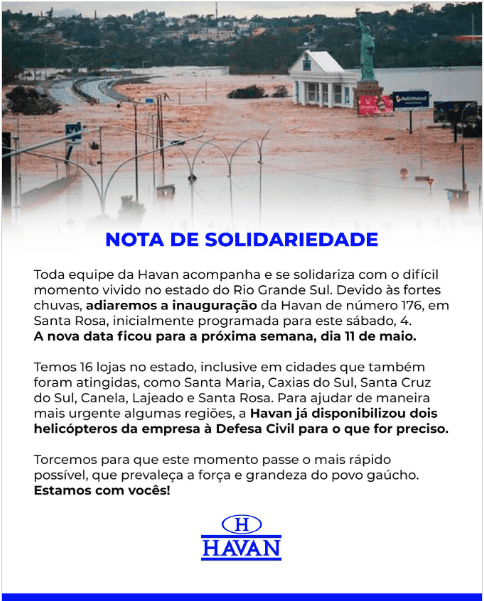 Nota de solidariedade da Havan nas redes sociais - Foto: Instagram Nota de solidariedade da Havan nas redes sociais - Foto: Instagram
