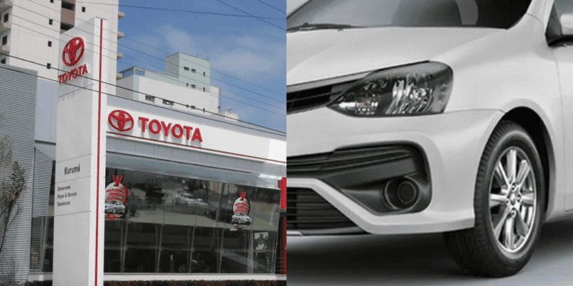 Prédio da Toyota e carro - montagem: TV Foco Prédio da Toyota e carro - montagem: TV Foco