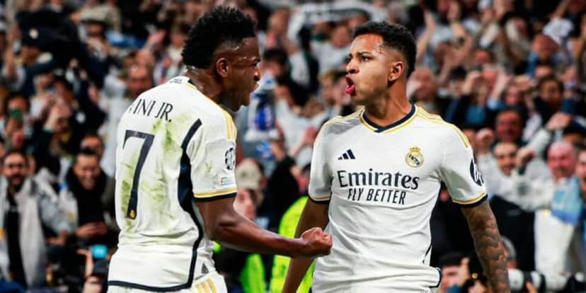 Vini Jr. e Rodrygo brilham com a camisa do Real Madrid (Reprodução: Real Madrid/Divulgação) Vini Jr. e Rodrygo brilham com a camisa do Real Madrid (Reprodução: Real Madrid/Divulgação)