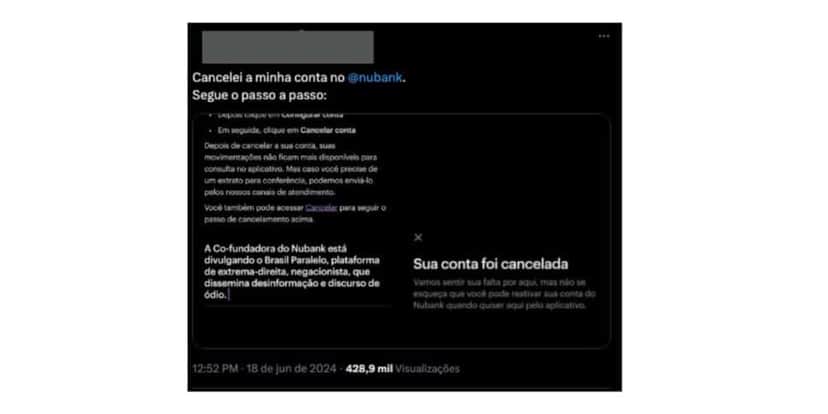 Postagem sobre cancelamento do Nubank (Foto: Reprodução X) Postagem sobre cancelamento do Nubank (Foto: Reprodução X)