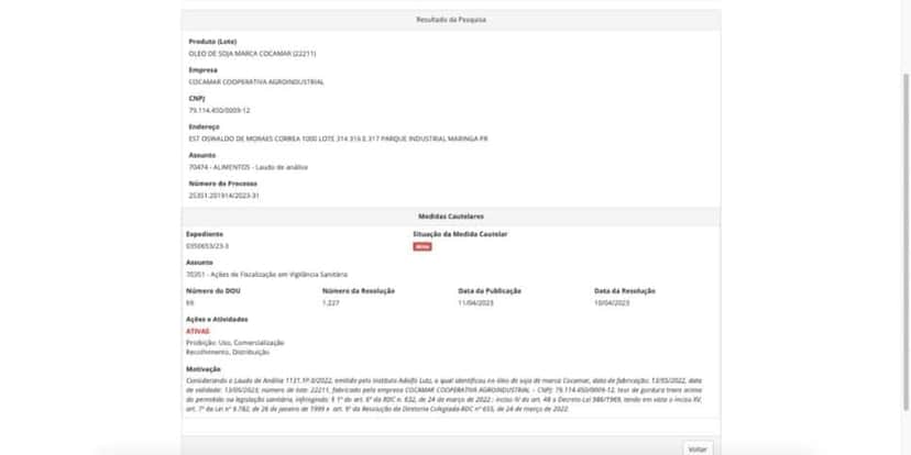 Determinação Anvisa contra óleo ( Foto: Reprodução / site oficial) Determinação Anvisa contra óleo ( Foto: Reprodução / site oficial)