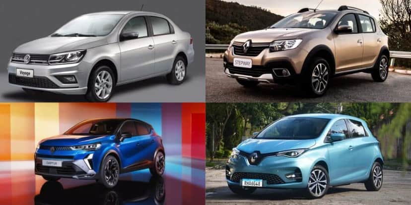 Volkswagen Voyage, Renault Captur, Sandero Stepway e Renault Zoe (Reprodução/Internet) Volkswagen Voyage, Renault Captur, Sandero Stepway e Renault Zoe (Reprodução/Internet)