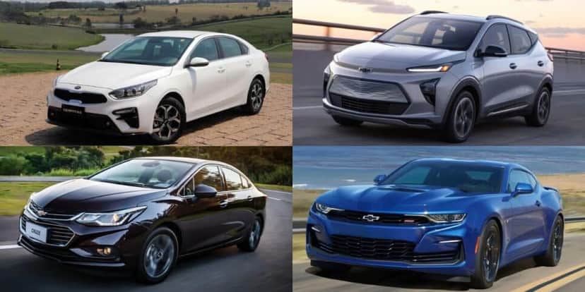 Kia Cerato, Chevrolet Cruze, Chevrolet Bolt e Chevrolet Camaro (Reprodução/Internet) Kia Cerato, Chevrolet Cruze, Chevrolet Bolt e Chevrolet Camaro (Reprodução/Internet)