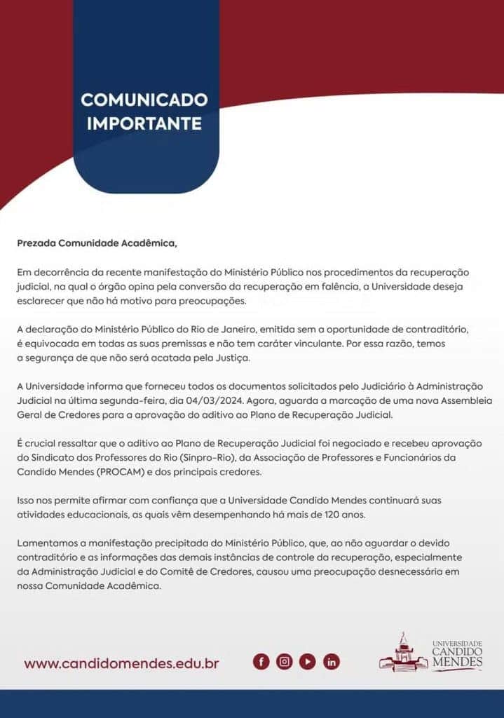 Comunicado da faculdade - Foto: Internet Comunicado da faculdade - Foto: Internet
