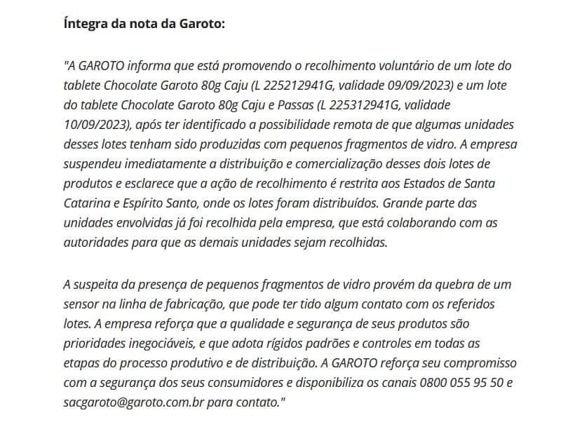 Nota oficial da Garoto (Foto: Reprodução / G1) Nota oficial da Garoto (Foto: Reprodução / G1)