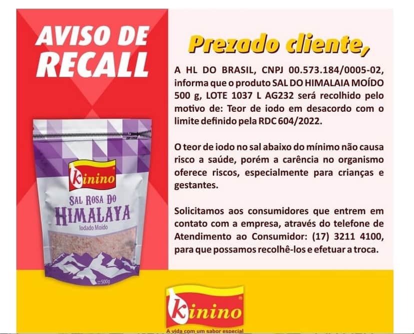 Recall da marca de Sal Rosa do Himalaia Iodado Moído, marca Kinino (Reprodução: Site da Empresa) Recall da marca de Sal Rosa do Himalaia Iodado Moído, marca Kinino (Reprodução: Site da Empresa)