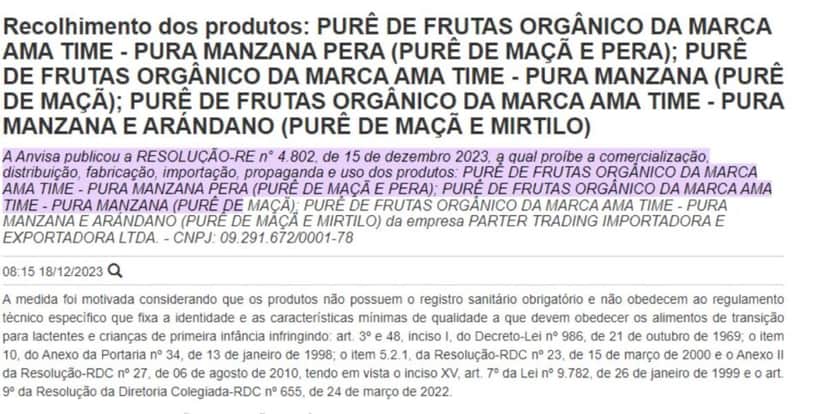 Comunicado da Anvisa contra o purê de frutas (Reprodução: Anvisa) Comunicado da Anvisa contra o purê de frutas (Reprodução: Anvisa)