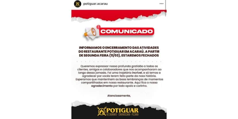Comunicado do restaurante (Foto: Instagram)