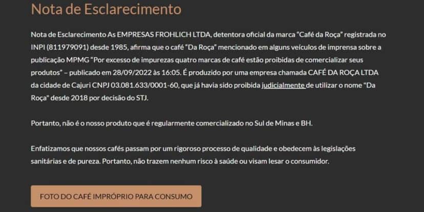 Nota de esclarecimento da Frohlich, detentora oficial da marca “Café da Roça” (Foto Reprodução/Site Oficial) Nota de esclarecimento da Frohlich, detentora oficial da marca “Café da Roça” (Foto Reprodução/Site Oficial)