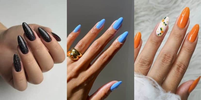 Esmalte preto, azul e laranja (Reprodução/Pinterest) Esmalte preto, azul e laranja (Reprodução/Pinterest)