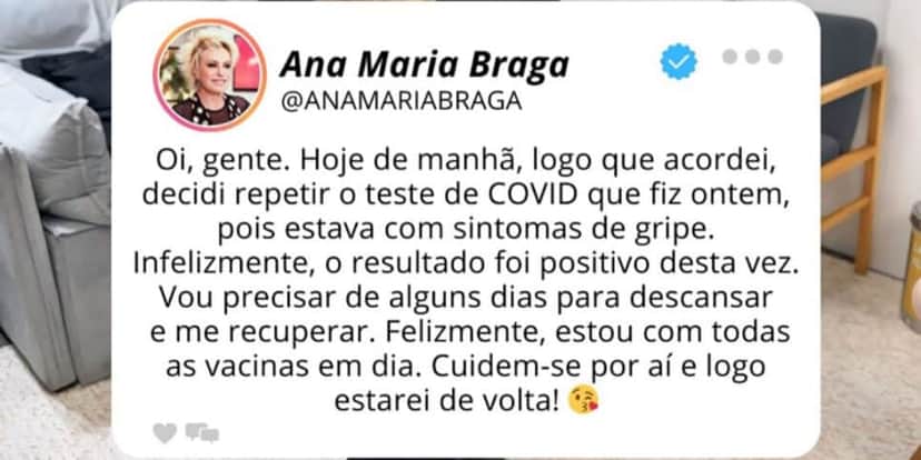 Ana Maria Braga confirma que testou positivo para Covid-19 (Foto: Reprodução/Instagram) Ana Maria Braga confirma que testou positivo para Covid-19 (Foto: Reprodução/Instagram)