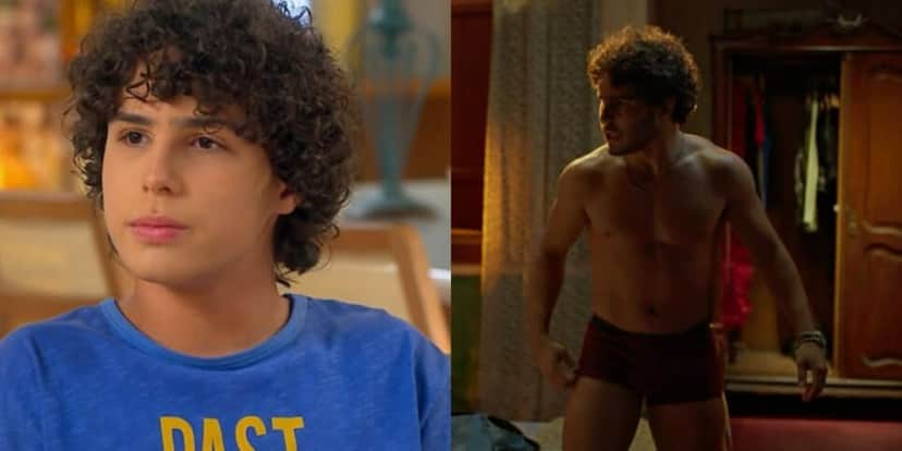 O ator chamou a atenção ao aparecer só de cueca em No Fundo do Rancho da Globo (Foto: Reprodução/Globoplay/Montagem TV Foco) O ator chamou a atenção ao aparecer só de cueca em No Fundo do Rancho da Globo (Foto: Reprodução/Globoplay/Montagem TV Foco)