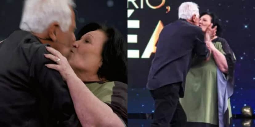 Dona Déa beija seu amigo no palco do Domingão com Huck da Globo (Foto: Reprodução/Montagem TV Foco) Dona Déa beija seu amigo no palco do Domingão com Huck da Globo (Foto: Reprodução/Montagem TV Foco)