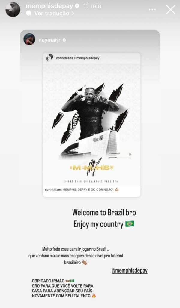 Neymar comemora chegada de Memphis Depay no Brasil, para jogador no Timão (Foto: Reprodução/Instagram) Neymar comemora chegada de Memphis Depay no Brasil, para jogador no Timão (Foto: Reprodução/Instagram)