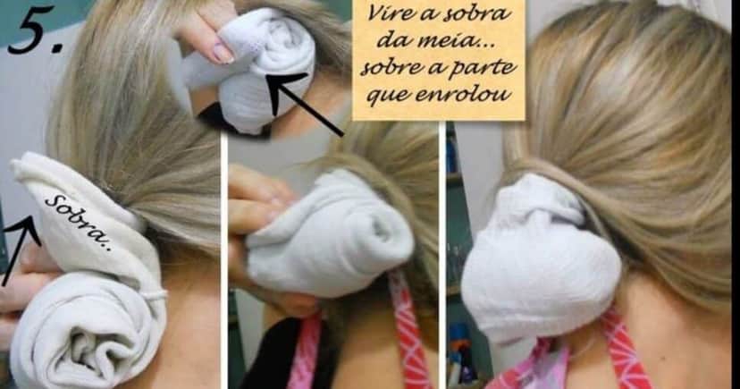 Técnica para manter os cachos com uma meia (Foto Reprodução/Youtube) Técnica para manter os cachos com uma meia (Foto Reprodução/Youtube)