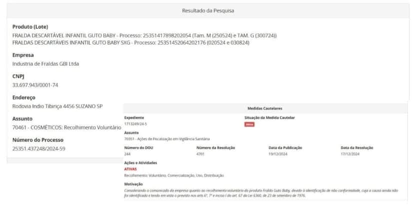 Resolução da ANVISA contra lotes de produtos Guto Baby (Foto Reprodução/ANVISA) Resolução da ANVISA contra lotes de produtos Guto Baby (Foto Reprodução/ANVISA)