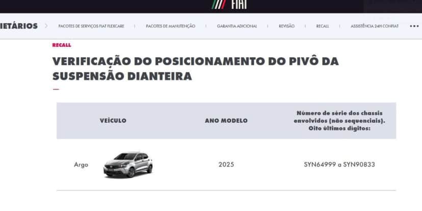 Convocação da Fiat para recall do FIAT Argo 2025 (Foto Reprodução/FIAT) Convocação da Fiat para recall do FIAT Argo 2025 (Foto Reprodução/FIAT)