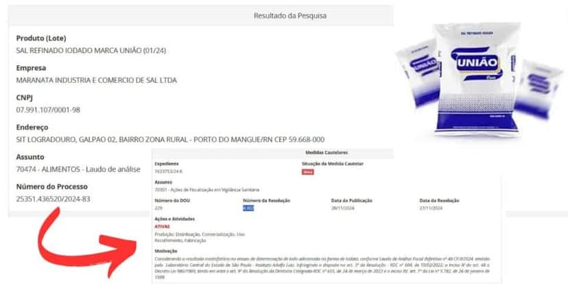 Resolução da ANVISA contra o sal refinado iodado da marca União- Maratana (Foto Reprodução/Montagem/Lennita/TV Foco/ANVISA) Resolução da ANVISA contra o sal refinado iodado da marca União- Maratana (Foto Reprodução/Montagem/Lennita/TV Foco/ANVISA)