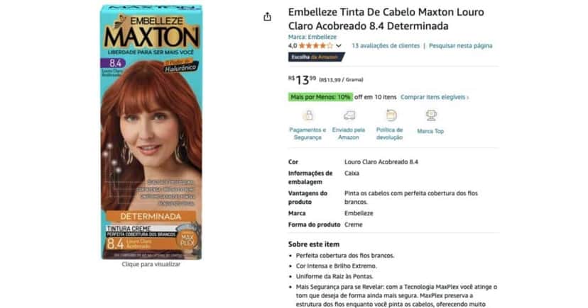 Embelleze Tinta de Cabelo Maxton Louro Claro Acobreado 8.4 (Amazon) Embelleze Tinta de Cabelo Maxton Louro Claro Acobreado 8.4 (Amazon)