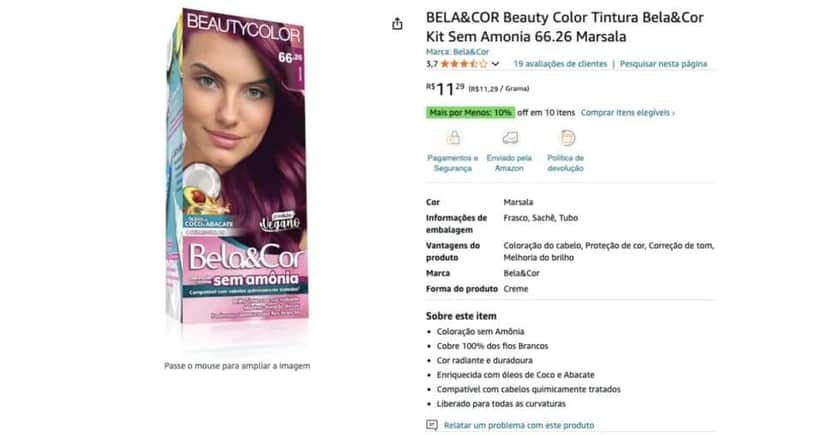 Bela&Cor Beauty Color Tintura Sem Amônia 66.26 Marsala (Amazon) Bela&Cor Beauty Color Tintura Sem Amônia 66.26 Marsala (Amazon)