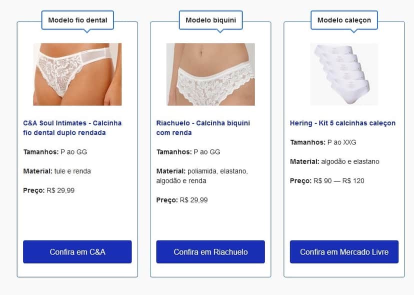 Recomendações de calcinha da cor branca (Foto: Reprodução / Google Shopping) Recomendações de calcinha da cor branca (Foto: Reprodução / Google Shopping)