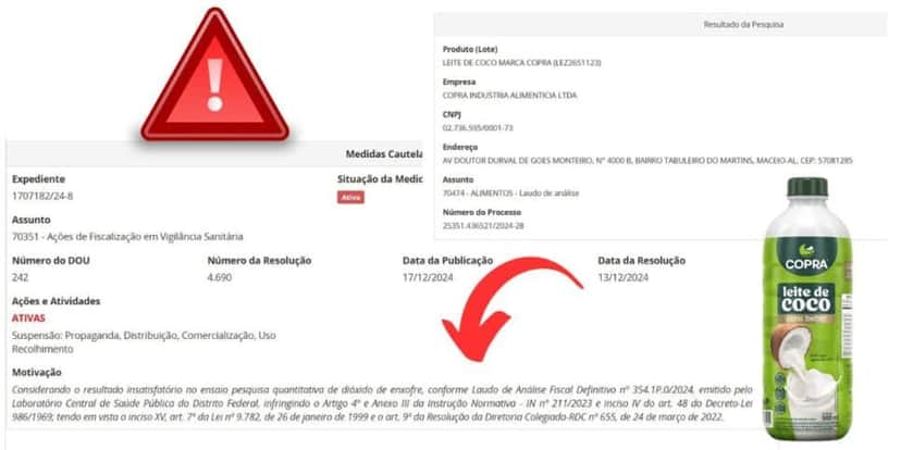 Alerta da ANVISA quanto ao leite de coco da marca COPRA (Foto Reprodução/Montagem/Lennita/Tv Foco) Alerta da ANVISA quanto ao leite de coco da marca COPRA (Foto Reprodução/Montagem/Lennita/Tv Foco)